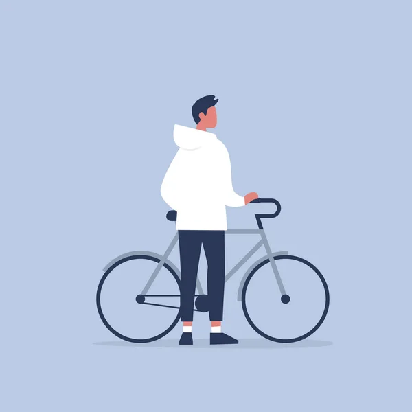 Young Male Character Standing Bike Urban Transport Healthy Lifestyle Flat — Stock Vector