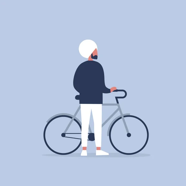 Joven Personaje Indio Pie Con Una Bicicleta Transporte Urbano Estilo — Vector de stock