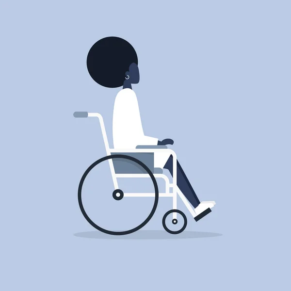 Genç Siyah Kadın Karakter Tekerlekli Sandalyede Oturan Devre Dışı Sakatlık — Stok Vektör
