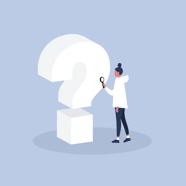 3D işareti soru. Genç erkek karakter Büyüteç arıyor / düz düzenlenebilir vektör resim, küçük resim