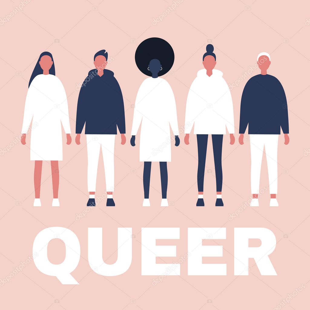 Queer. Modern people with different sexual orientations. Diversity. LGBTQ community. Tolerance. Flat editable vector illustration, clip art