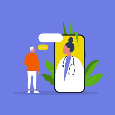 Doktor randevusu. Online Konsültasyon. Modern sağlık teknolojileri. Hastane. Bin yıllık erkek hasta. Düz düzenlenebilir vektör çizim, küçük resim