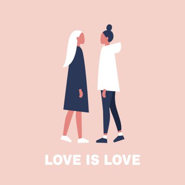 Birbirimizi önünde duran genç lezbiyen bayanlar. Aşk aşktır. Romantik ilişkiler. Eşcinsellik. LGBTQ+