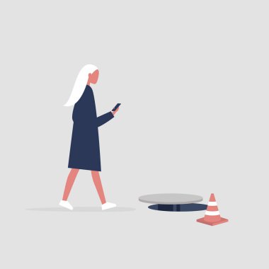 Bin yıllık kadın karakter Smartphone-e doğru bağımlısı. Nomophobia. Açık kanalizasyon kapağı. Düz düzenlenebilir vektör çizim, küçük resim