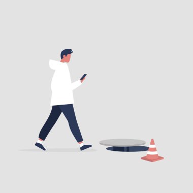 Bin yıllık erkek karakter Smartphone-e doğru bağımlısı. Nomophobia. Açık kanalizasyon kapağı. Düz düzenlenebilir vektör çizim, küçük resim
