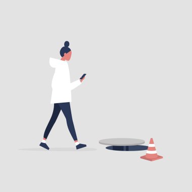 Bin yıllık kadın karakter Smartphone-e doğru bağımlısı. Nomophobia. Açık kanalizasyon kapağı. Düz düzenlenebilir vektör çizim, küçük resim