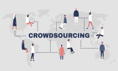 Crowdsourcing platformu. Dünya Haritası. Bin yıllık uzmanları. Proje çalışması. Düz düzenlenebilir vektör çizim, küçük resim