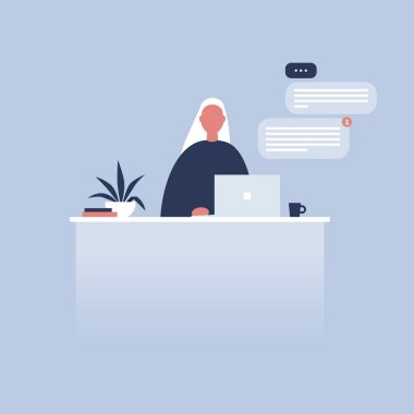 Büro hayatı. Masada oturan genç kadın karakter. Dizüstü bilgisayar. Windows'u pop. Haberci. Düz düzenlenebilir vektör çizim, küçük resim. Millennials iş başında.