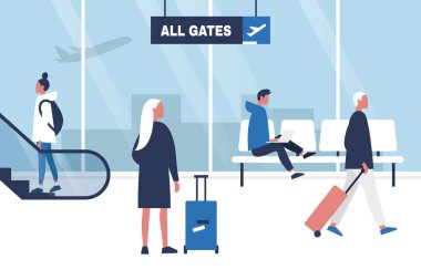 Havaalanı terminal. Oturma, ayakta ve onların bavulları tutan karakter yürüme. Alan bekliyor. Tüm kapıları. Yatılı. Düz düzenlenebilir vektör çizim, küçük resim