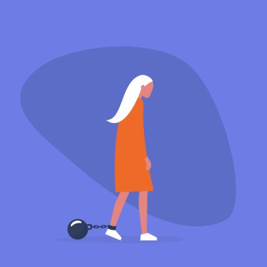 Genç pranga takmış karakter bitkin. Aile içi şiddet. Yükümlülük. Borç. Konsept / düz düzenlenebilir vektör çizim, küçük resim