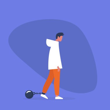 Genç karakter giyen pranga bitkin. Yükümlülük. Borç. Konsept / düz düzenlenebilir vektör çizim, küçük resim