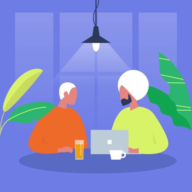 İletişim. Masada oturan iki karakter. Office. Cafe. Millennials iş başında. İş görüşmesi. Tarih. Düz düzenlenebilir vektör çizim, küçük resim