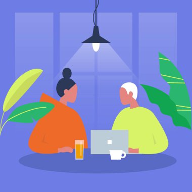 İletişim. Masada oturan iki karakter. Office. Cafe. Millennials iş başında. İş görüşmesi. Tarih. Düz düzenlenebilir vektör çizim, küçük resim