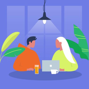 İletişim. Masada oturan iki karakter. Office. Cafe. Millennials iş başında. İş görüşmesi. Tarih. Düz düzenlenebilir vektör çizim, küçük resim