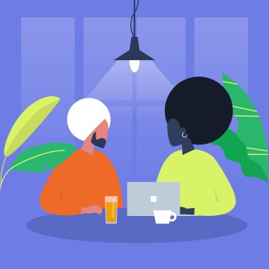 İletişim. Masada oturan iki karakter. Office. Cafe. Millennials iş başında. İş görüşmesi. Tarih. Düz düzenlenebilir vektör çizim, küçük resim