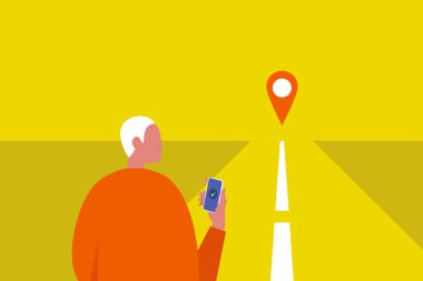 Seyir cihazları. GPS coğrafi etiket. Genç erkek karakter bir akıllı telefon tutarak. Yolcu. Yol. Bir taksi bekliyor. Düz düzenlenebilir vektör çizim, küçük resim