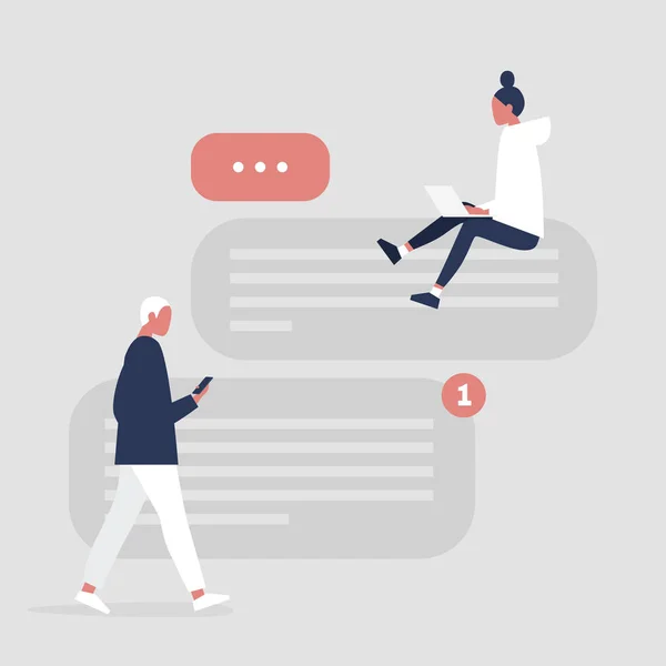 Conversa Nas Redes Sociais Interface Mensagens Texto Personagens Modernos Jovens —  Vetores de Stock