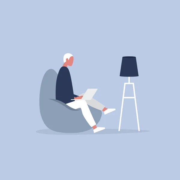オフィス家具 豆袋の椅子の上に座って若いマネージャー 毎日の生活 フラット編集可能なベクトル イラスト クリップアート — ストックベクタ