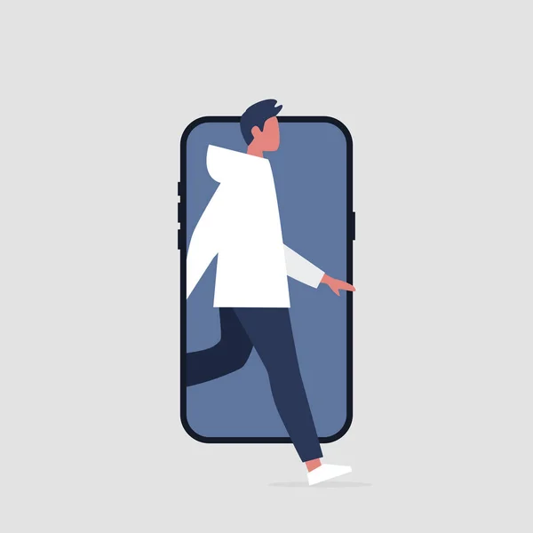 Joven Personaje Activo Saliendo Pantalla Del Teléfono Inteligente Usuario Milenario — Vector de stock