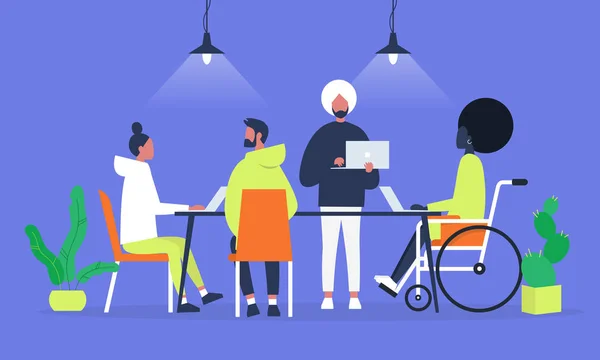 Büro hayatı. Çeşitlilik toplu. Başlangıç. Millennials iş başında. Nesil z. teknolojileri. Proje yönetimi. Düz düzenlenebilir vektör çizim, küçük resim