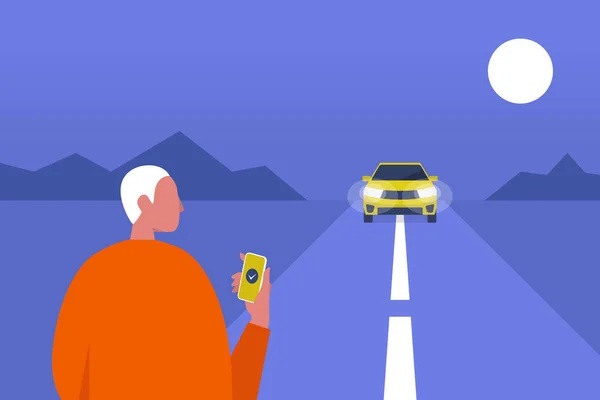 Послуги Таксі Мобільний Додаток Карпул Пізно Вночі Чоловік Чекає Машину — стоковий вектор