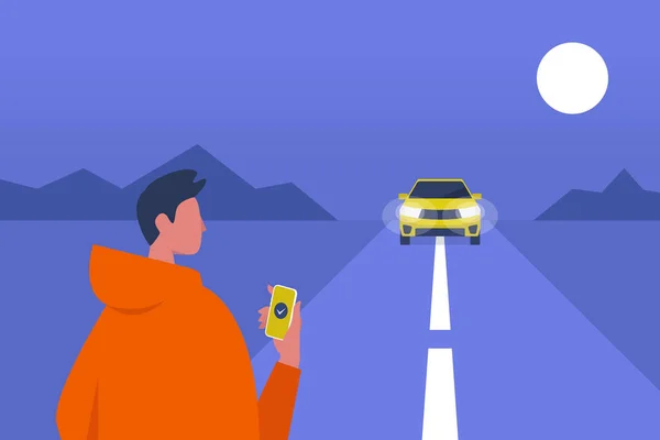 Послуги Таксі Мобільний Додаток Карпул Пізно Вночі Чоловік Чекає Машину — стоковий вектор