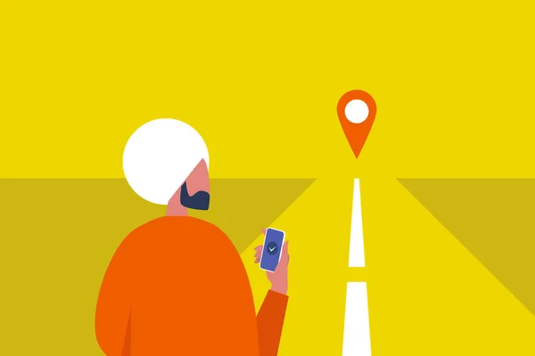 Navigationsutrustning Gps Geo Tag Unga Indiska Manliga Karaktär Håller Smartphone — Stock vektor