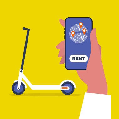 Bir elektrikli scooter kiralama. Bir cep telefonu tutan el. Kentsel ulaşım. Modern teknolojiler. Bin yıllık bir yaşam tarzı. Düz düzenlenebilir vektör çizim, küçük resim