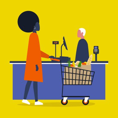 Kasiyer. Bakkal. Süpermarket kayıt kontuarında yiyecek satın bir istemci. Günlük yaşam. Düz düzenlenebilir vektör çizim, küçük resim