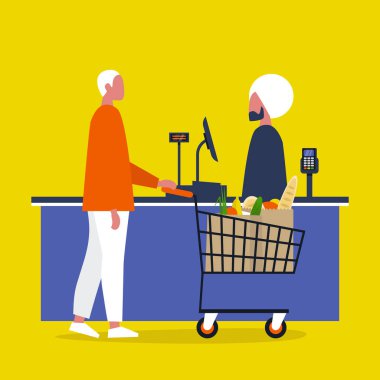 Kasiyer. Bakkal. Süpermarket kayıt kontuarında yiyecek satın bir istemci. Günlük yaşam. Düz düzenlenebilir vektör çizim, küçük resim