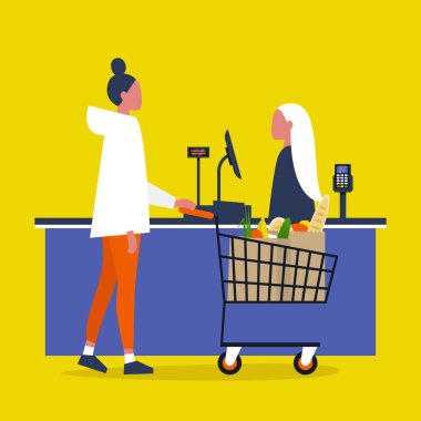 Kasiyer. Bakkal. Süpermarket kayıt kontuarında yiyecek satın bir istemci. Günlük yaşam. Düz düzenlenebilir vektör çizim, küçük resim