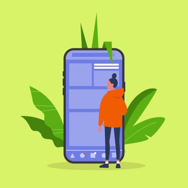 Genç kadın karakter ayakta smartphone ekran önünde. Sosyal medya hayat. Dijital alan. Bin yıllık Kullanıcı. Düz düzenlenebilir vektör çizim, küçük resim