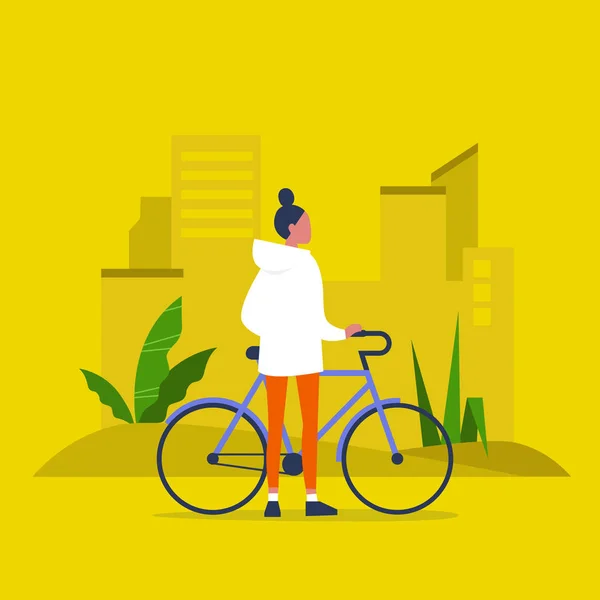 Городской транспорт. Молодая женщина стоит с велосипедом — стоковый вектор