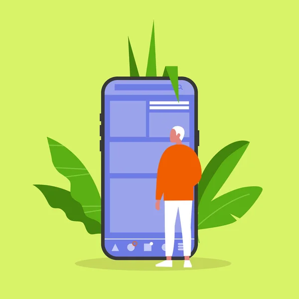 Jonge mannelijke karakter staande voorkant van het scherm van de smartphone — Stockvector