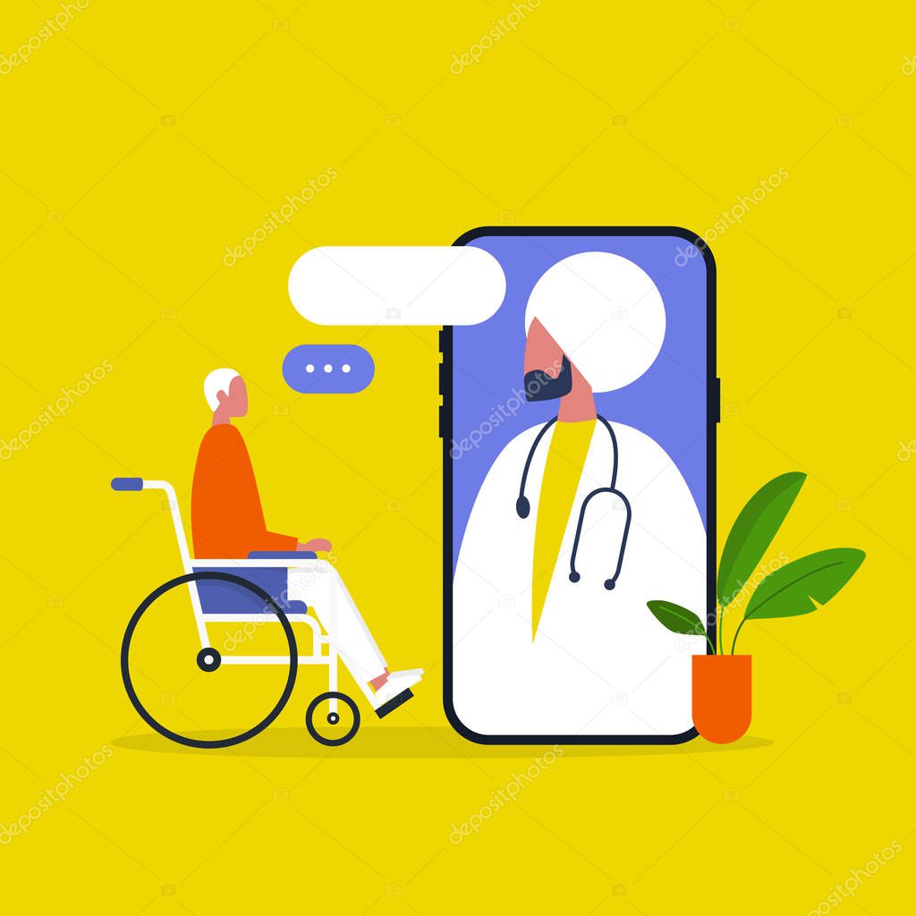 Doctor appointment. Online consultation. Modern healthcare technologies. Hospital. Young disabled male character sitting in a wheelchair. Disability. Daily life.