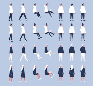 Set of flat vector characters in different poses. Young adults.  clipart