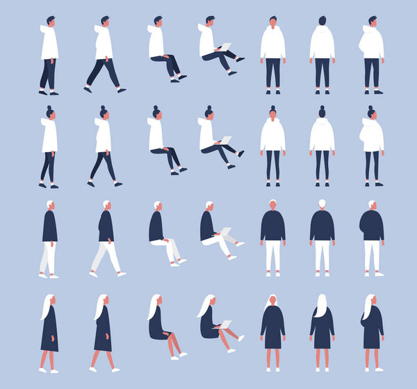 Set of flat vector characters in different poses. Young adults. 