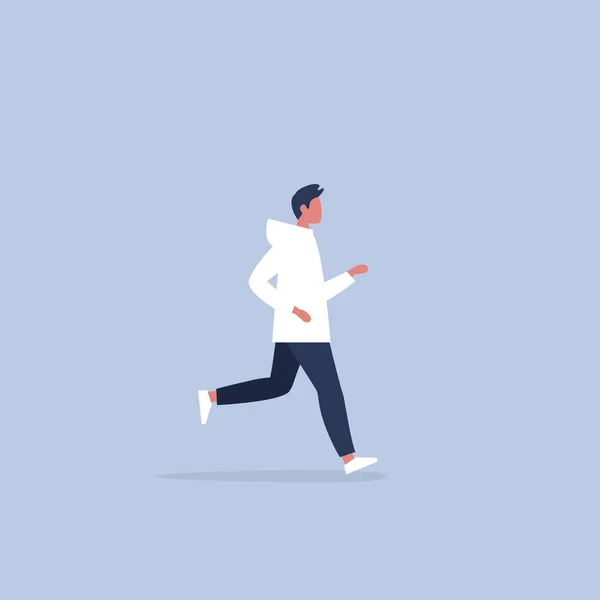 Un joven caucásico corriendo con sudadera con capucha. Estilo de vida. Plano ed — Vector de stock