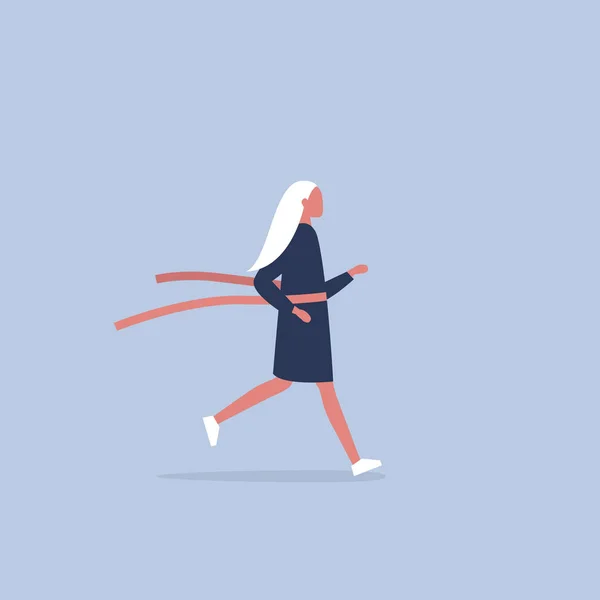 Joven personaje femenino corriendo cruzando la línea de meta. Costilla roja — Vector de stock