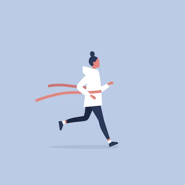 Joven personaje femenino corriendo cruzando la línea de meta. Costilla roja — Vector de stock