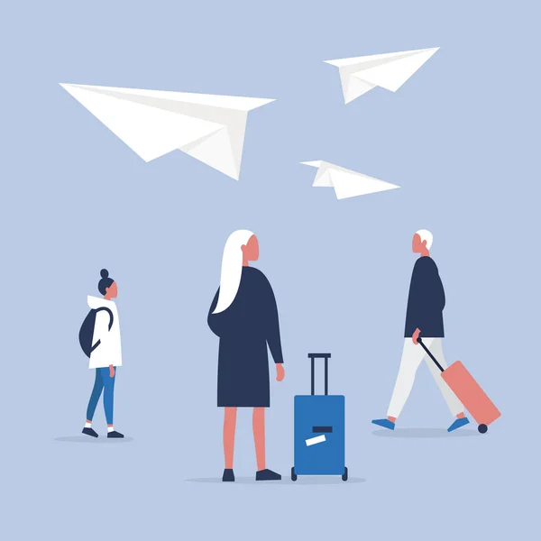 Aéroport. Vol. Groupe de passagers transportant leurs bagages. Fla — Image vectorielle