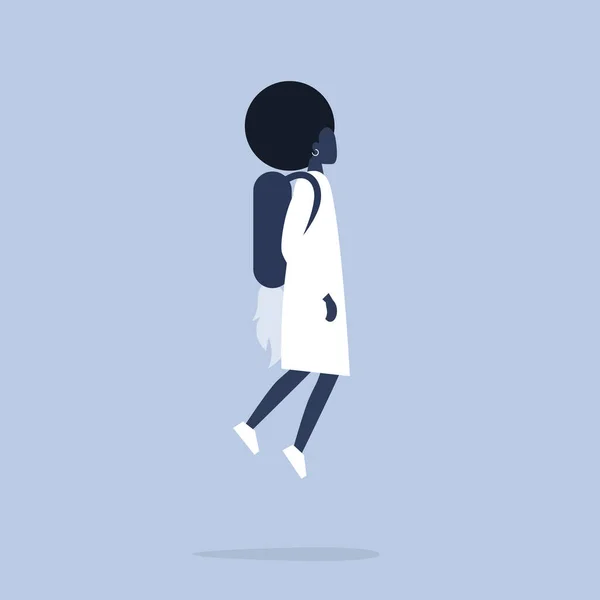 Concept d'innovation. Jeune personnage féminin noir volant avec un j — Image vectorielle