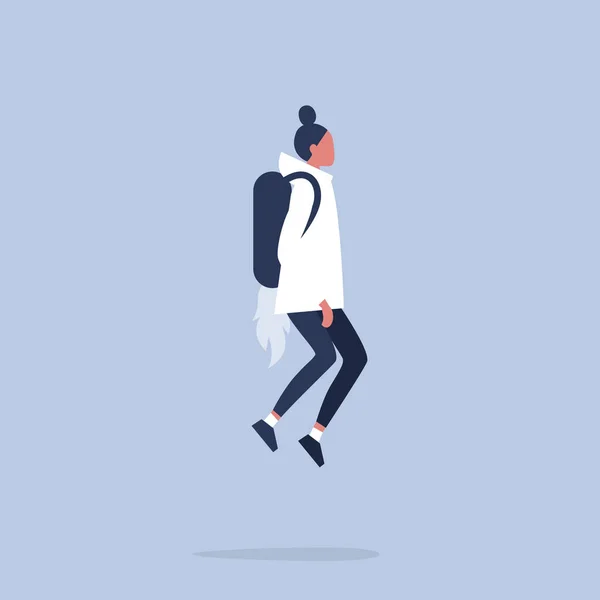 Concepto de innovación. Joven personaje femenino volando con un jetpack — Vector de stock