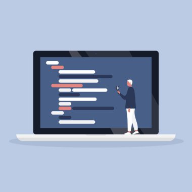 Bir magn ile programlama kodu inceleyen genç erkek karakter
