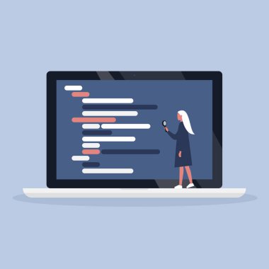 Genç kadın karakter bir ma ile programlama kodu inceleyen