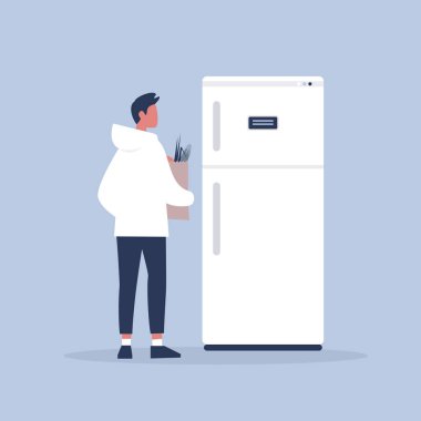 Günlük rutin. Market alışverişi. Genç erkek karakter koyarak th