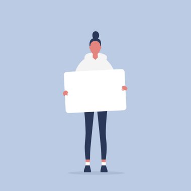 Elinde beyaz bir kağıt tutan genç kadın karakter. Kopya aralığı