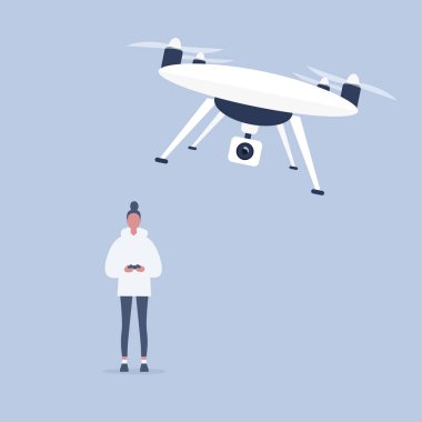Yeni teknolojiler. Bir drone zekâ kontrol genç kadın karakter