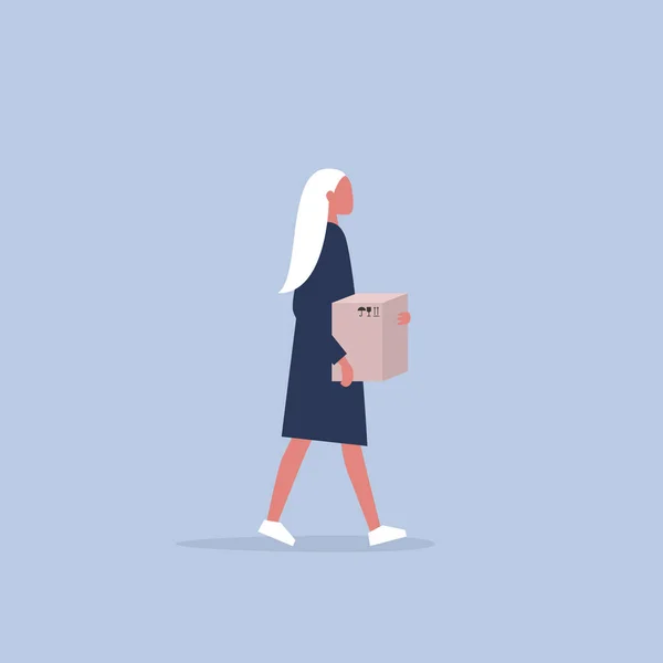 Young female character holding a parcel. Delivery service. Onlin — Stock Vector