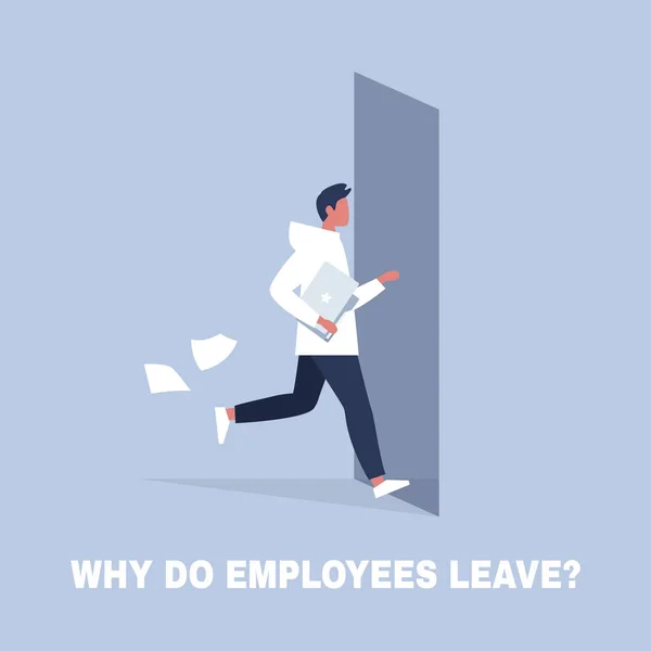 HR. Varför anställda lämnar, kompetensflykt problem. Ung karaktär — Stock vektor